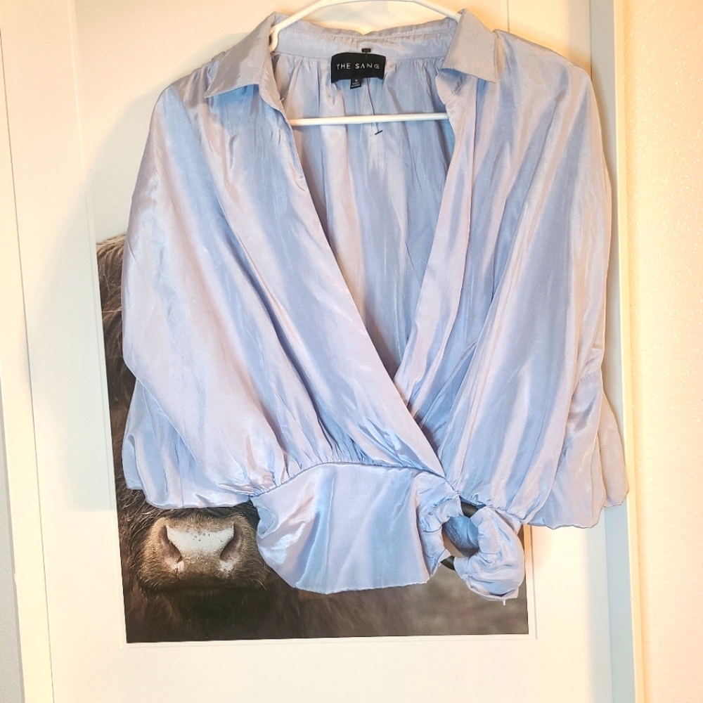 NEW Cropped Collared V Neck Balloon Sleeve Blouse with Shoulder Detail